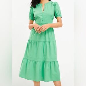 LOFT Puff Sleeve Tiered Midi Dress